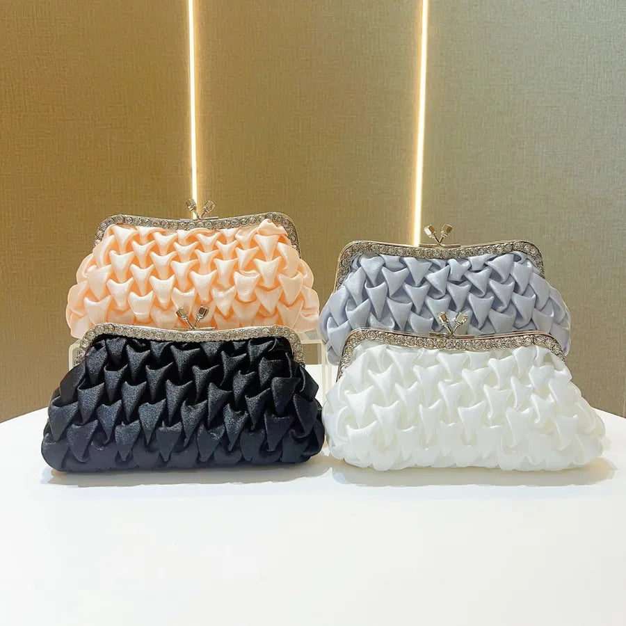 Elegant Silk Ladies Clutch Bag Diamond Embellished Evening Bag Wedding Bride Handbag Square Polyester Fashion Folded Design