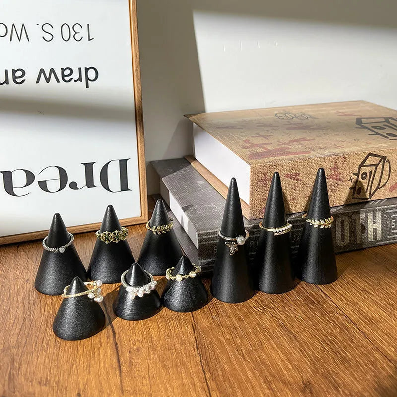 Black Solid Wood Ring Display Stand Cone Base Ring Holder Jewelry Storage Photography Props Geometric Pattern Premium Feeling Spray Paint