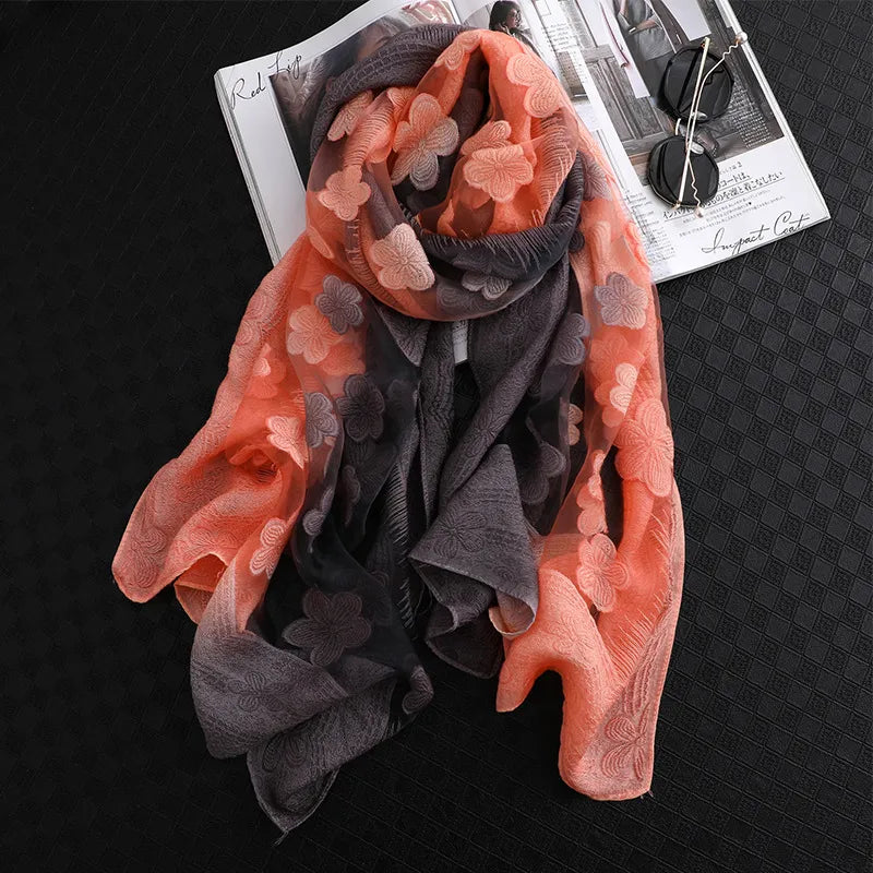 Women's Elegant Flower Polyester Silk Scarf