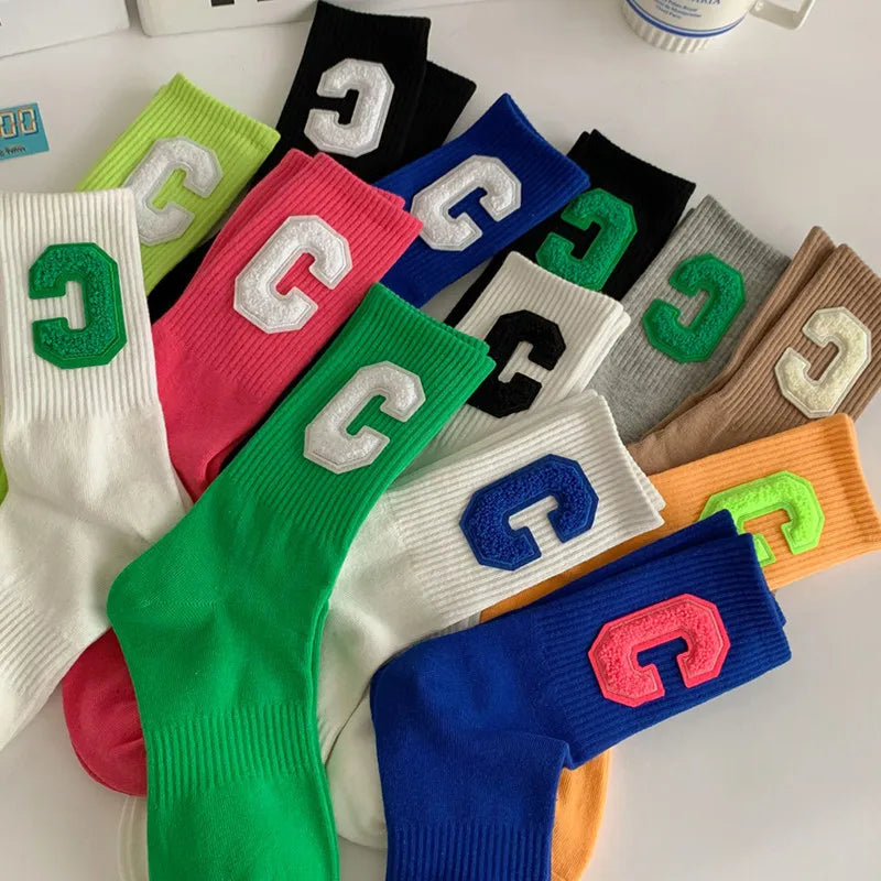women's casual letter solid color cotton crew socks a pair