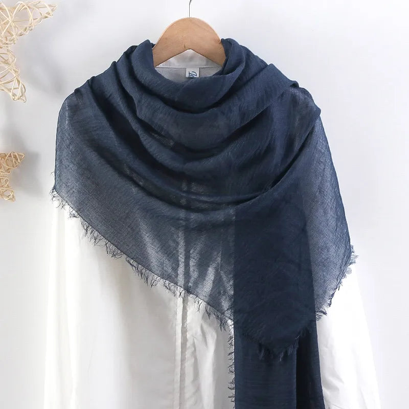Hot selling solid color pleated cotton and linen scarf  women's bag headscarf crumpled hair fringe bubble scarf women's scarf cover head