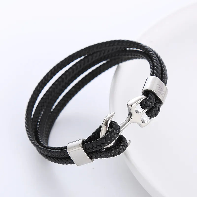 Casual Anchor 304 Stainless Steel Plating Braid No Inlaid 18K Gold Plated Men'S Men Cord & Leather Bracelets