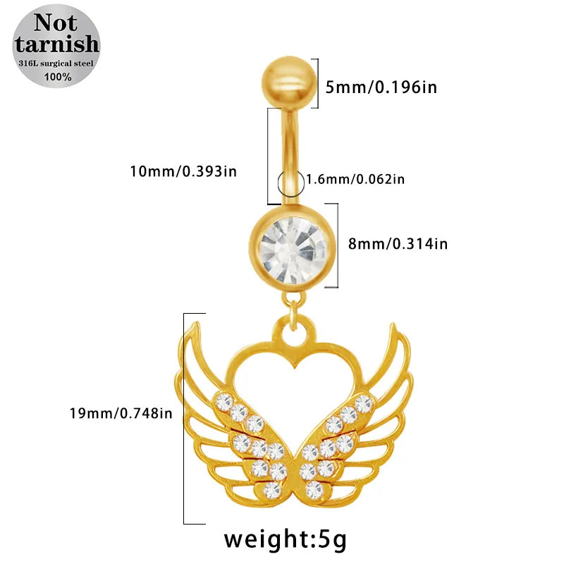1 Piece Belly Rings Classic Style Roman Style Artistic Star Heart Shape Wings 316 Stainless Steel  Alloy Hollow Out Resin Rhinestones Glass White Gold Plated Gold Plated