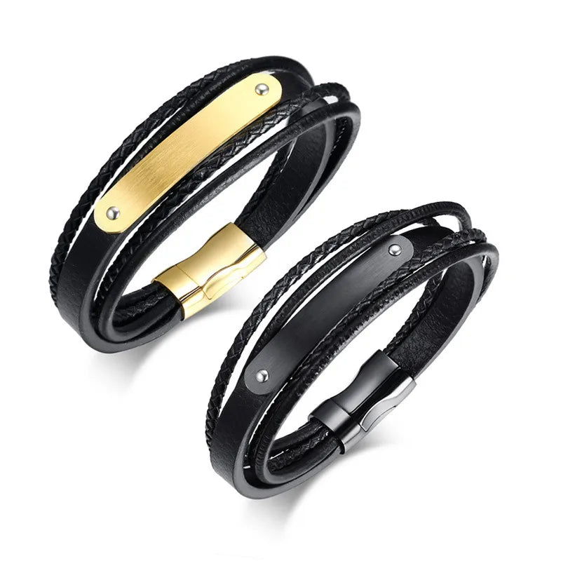 Simple Style Geometric 304 Stainless Steel Pu Leather Men's Bracelets Men Cord & Leather Bracelets