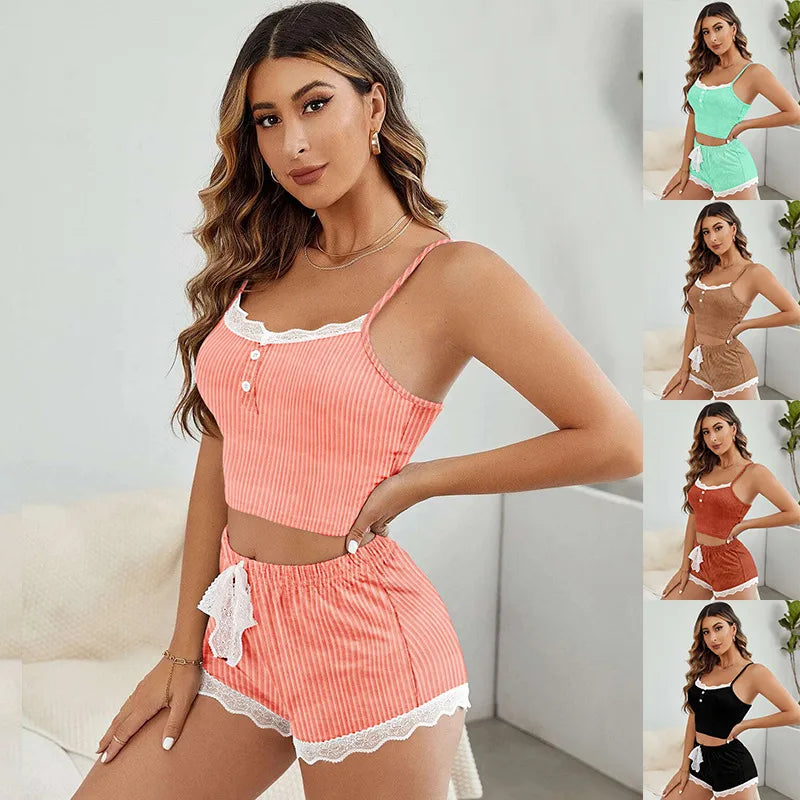 Summer New   Sling Shorts Lace Sexy Girl Pajamas suit Outer Wear Home Clothes