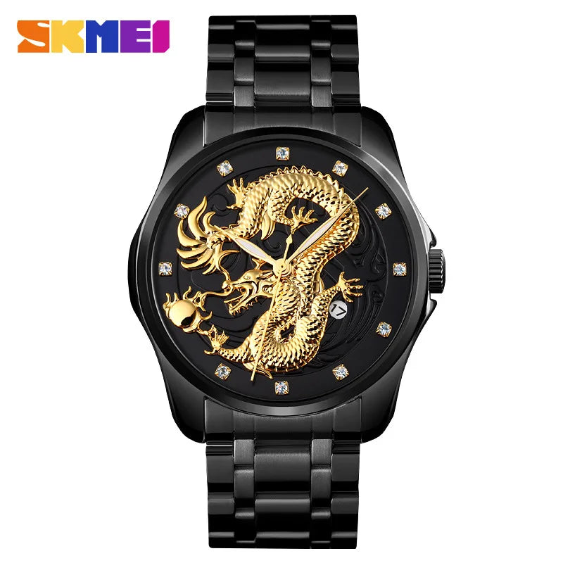 SKMEI fashion Chinese style dragon totem relief stainless steel strap men's business calendar watch men