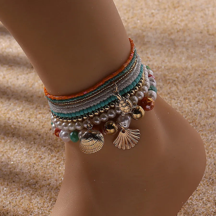 Wholesale Jewelry Fairy Style Vacation Marine Style Scallop Turtle Shell Imitation Pearl millet beads Zinc alloy Anklet