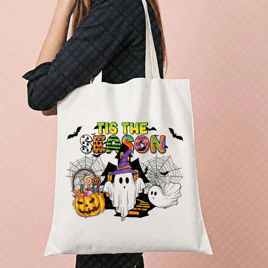 Ghost Pattern Halloween Outdoor Shopping Bag Cute Ghost Design Canvas Tote Bag For Ladies Retro Fashion Printed Large Size