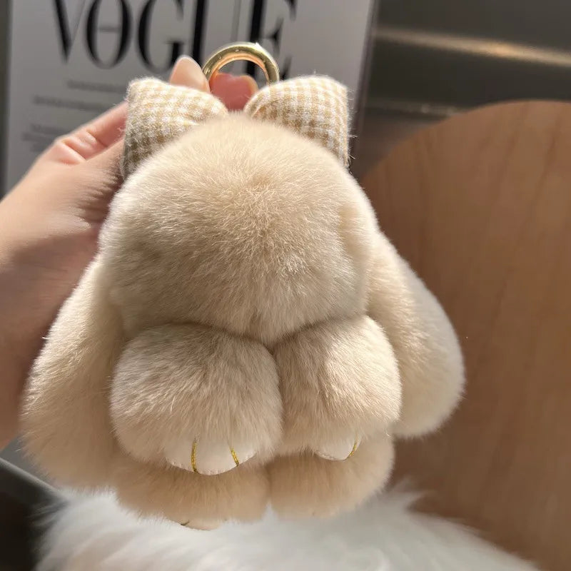 Cute real Rex rabbit fur bow rabbit car key chain pendant plush doll schoolbag bag hanging ornaments wholesale