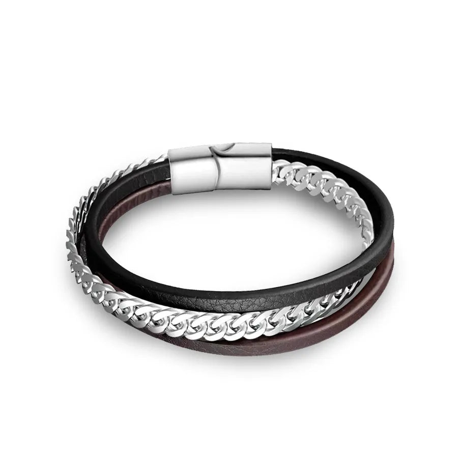 Ethnic Style Color Block Pu Leather Titanium Steel Men's Bangle Men Cord & Leather Bracelets