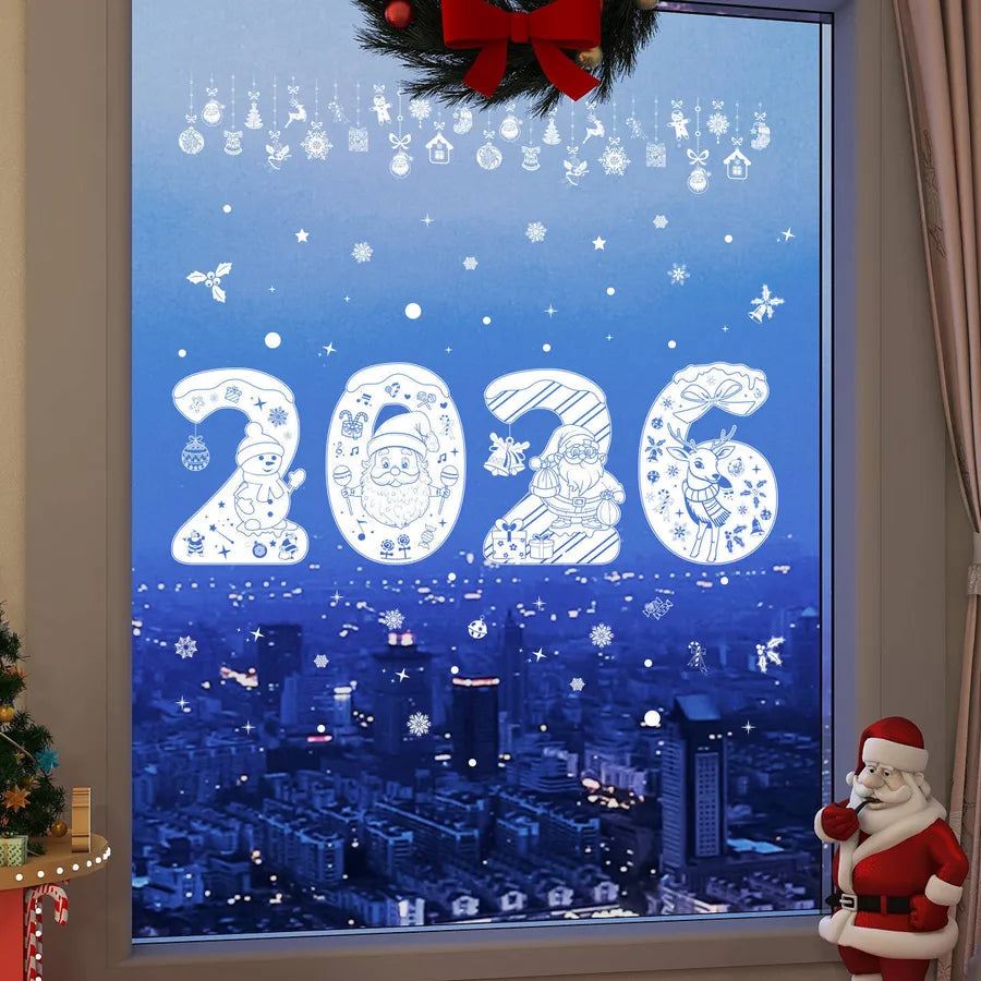2026 Christmas Decorative Static Cling Deer Snowflake White Christmas Party Window Stickers Customizable Festive PVC Decals