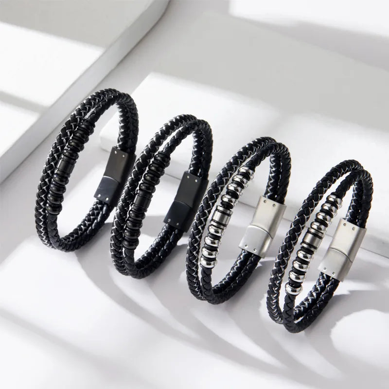 Simple Style Solid Color Stainless Steel Pu Leather Silver Plated Men's Bracelets