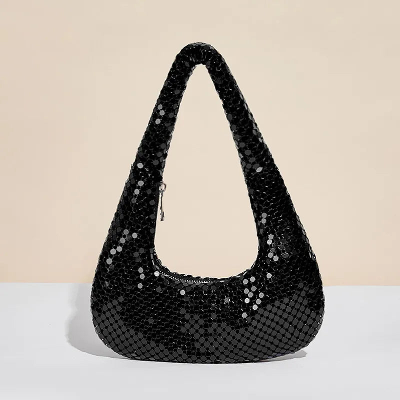 women's polyester sequins vintage style dumpling shape zipper shoulder bag underarm bag