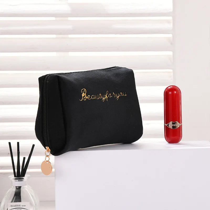 velvet zipper double layer large capacity cosmetic storage bag