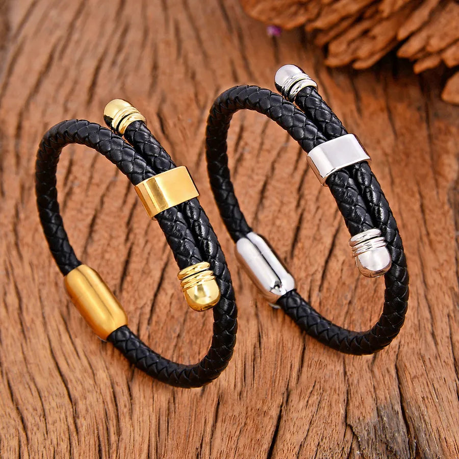 Retro Punk Solid Color 304 Stainless Steel Pu Leather Men's Bangle Men Cord & Leather Bracelets