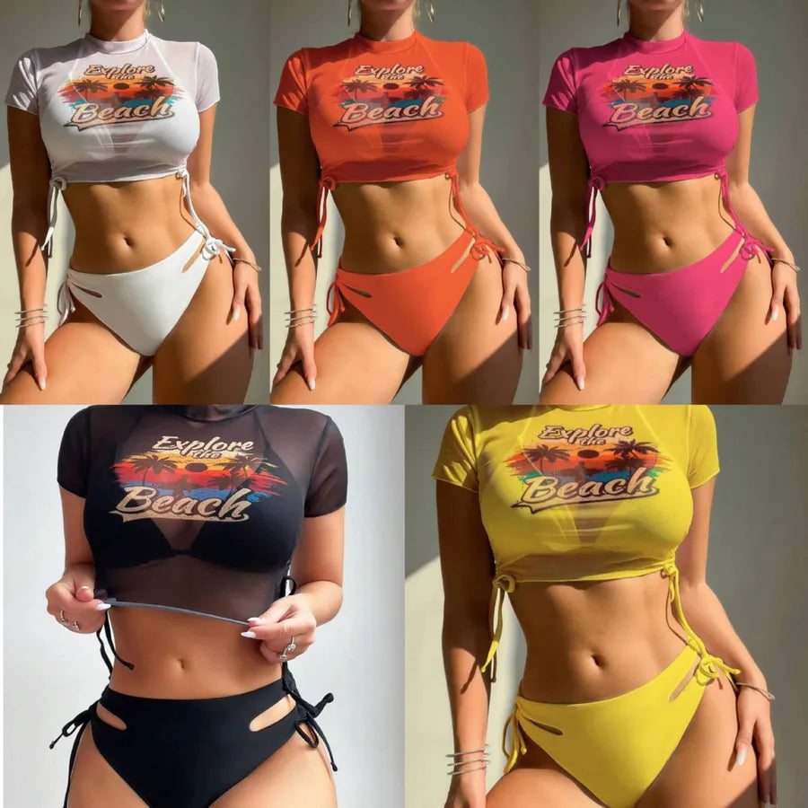 Women's Vacation Cartoon Letter Coconut Tree 3 Pieces Set Bikinis Swimwear