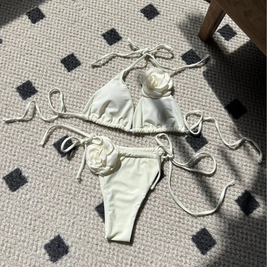 Women's Solid Color Flower 2 Pieces Set Bikinis Swimwear