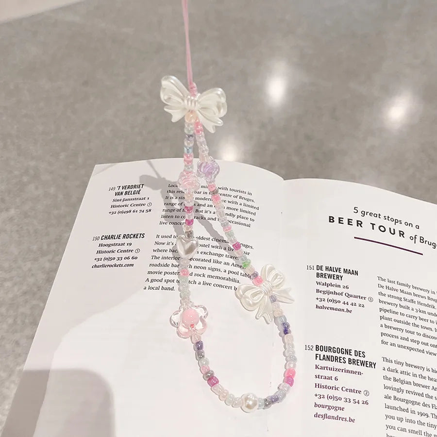 cute heart shape flower pc silica gel soft clay inlay artificial pearls women's mobile phone chain 1 piece
