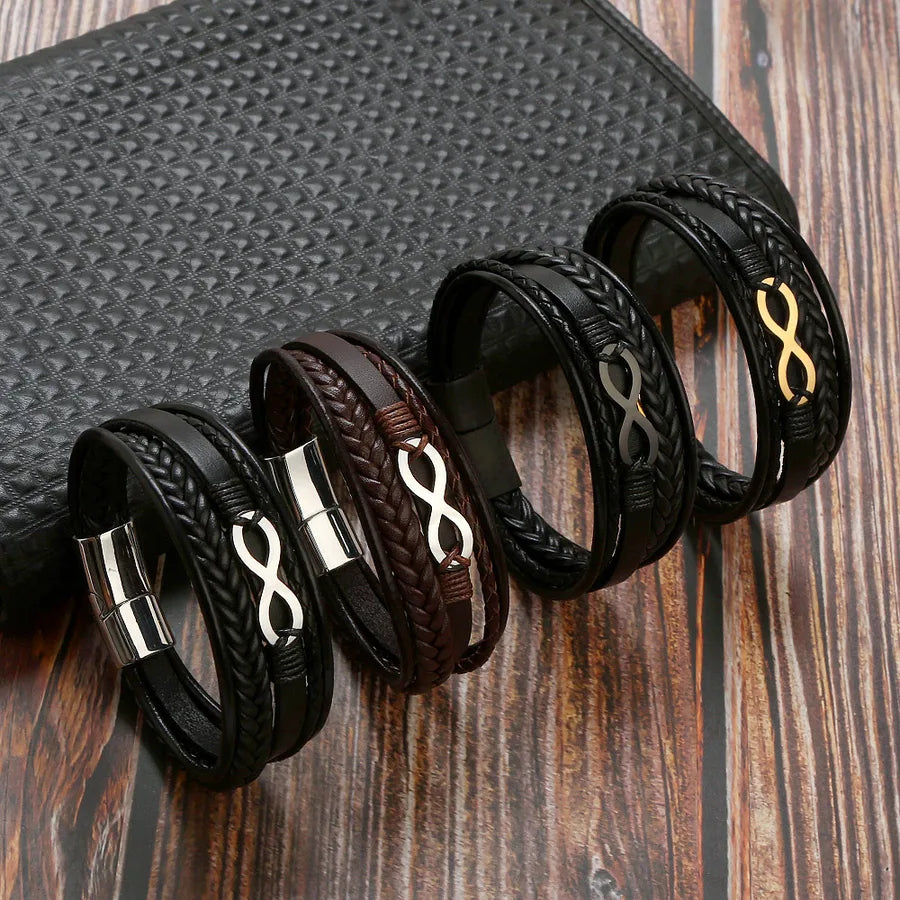 retro number leather titanium steel braid men's bangle