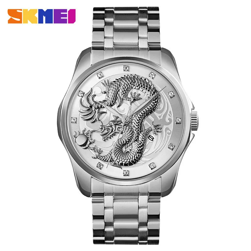 SKMEI fashion Chinese style dragon totem relief stainless steel strap men's business calendar watch men