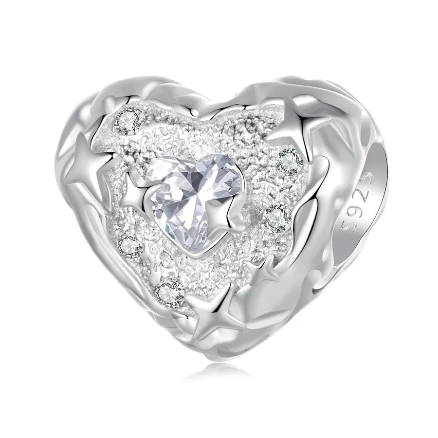 Aifule  Hot Delicate Heart Beaded S925 Sterling Silver White Gold Plated  DIY Heart-Shaped Ornament Beads