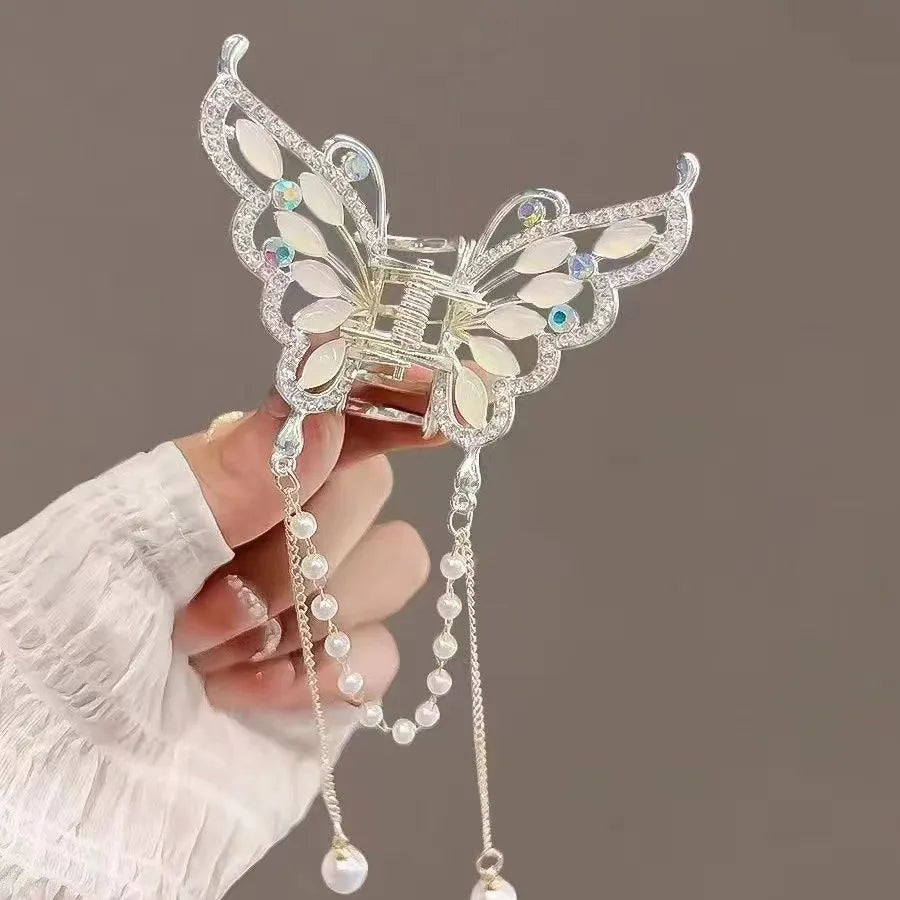 Alloy butterfly hairpin Korean high-end sense exquisite pearl tassel hair accessories half hair clip women's headdress wholesale