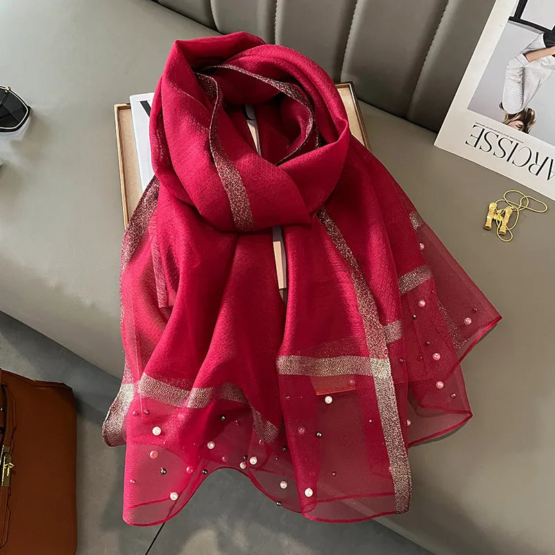 women's simple style color block satin pearl silk scarf
