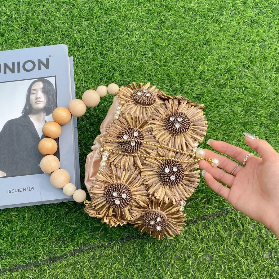 Women's raffia Metal Flower Vacation Square String Square Bag