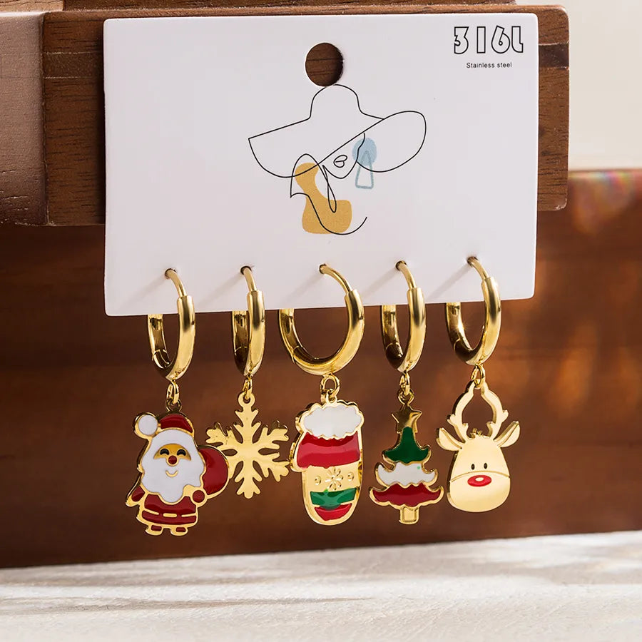 1 Set Christmas Cute Romantic Santa Claus Cattle Snowman Enamel Plating Inlay Stainless Steel Zircon Drop Earrings
