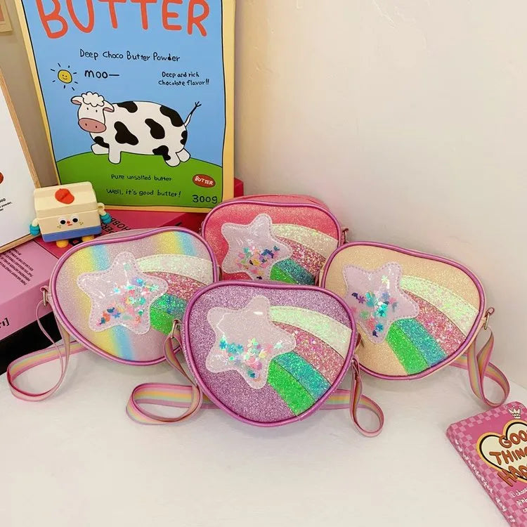 Girl'S Pu Leather Gretley Material Rainbow Star Cute Heart-shaped Zipper Shoulder Bag