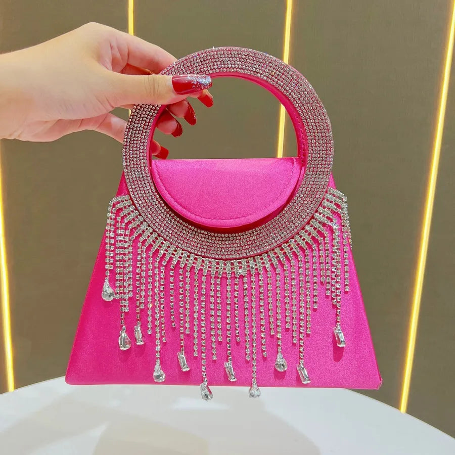 Elegant Diamond Embedded Women's Evening Bag Fashionable Crossbody Handbag High-End Sensation Bride Handbag Square Shape Polyester Material