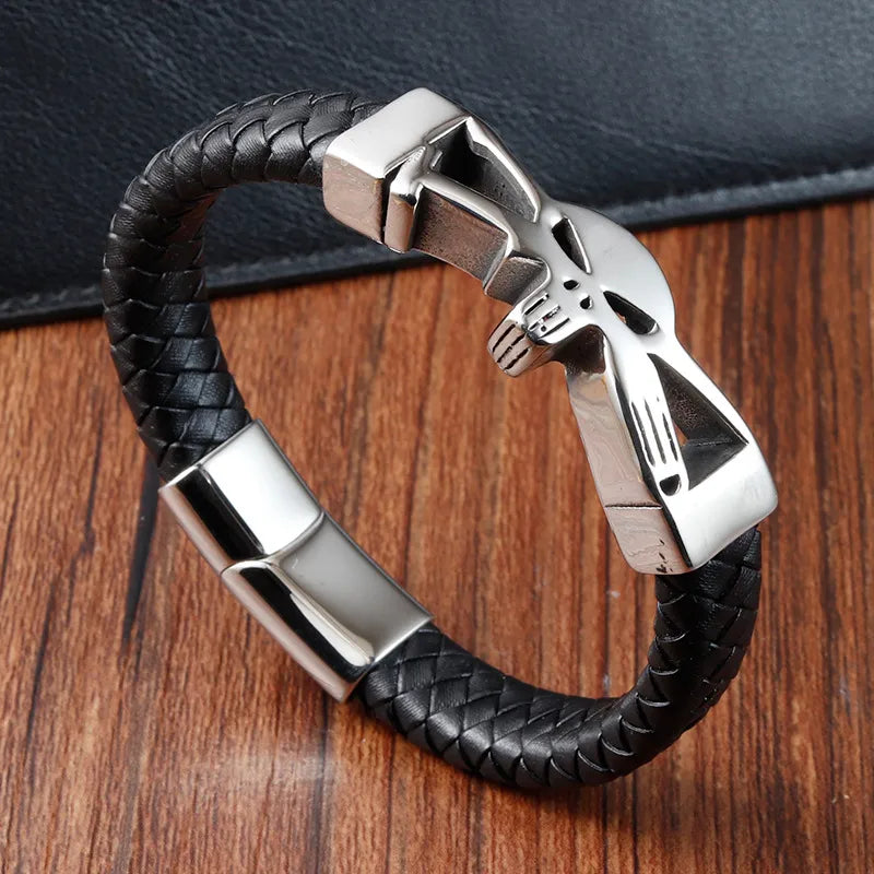 Vintage Style Classic Style Geometric Skull Pu Leather Titanium Steel Woven Chain Wrap Bracelets Wholesale