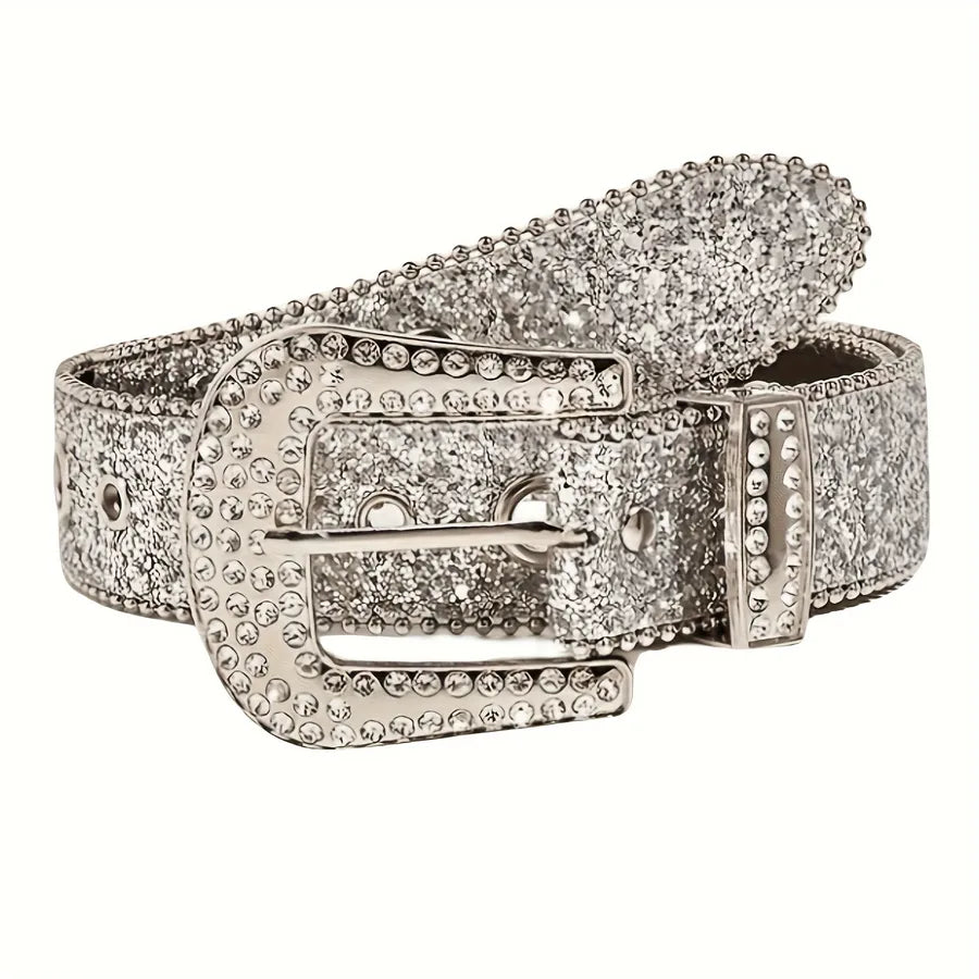 retro sweet solid color pu leather alloy diamond women's leather belts