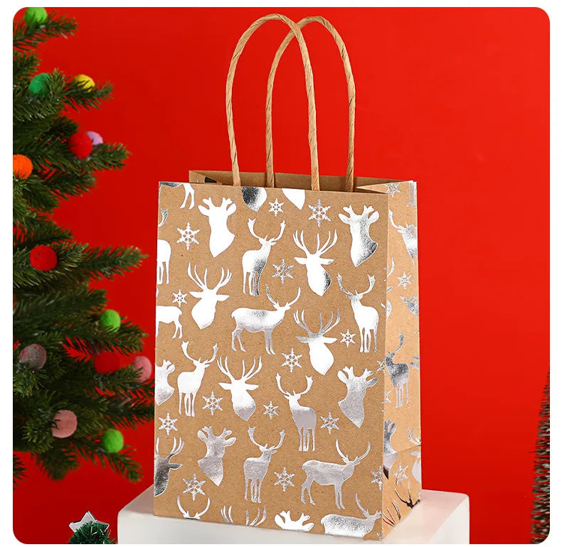 Christmas Snowflake Handbag Christmas Tree Deer Holiday Gift Bag Flat Bottom Party Kraft Paper Bag General Occasion Paper Bag