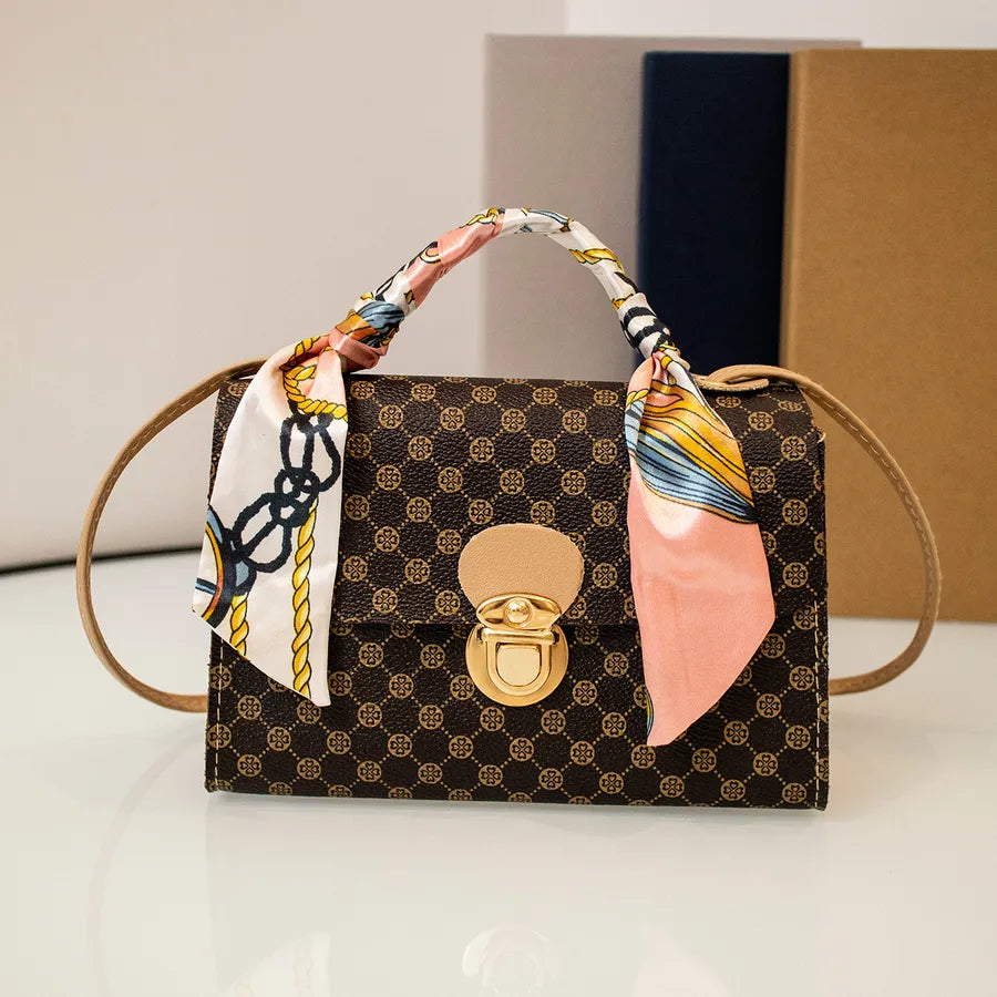Women's PU Printing Solid Color Classic Style Streetwear Square Lock clasp Shoulder Bag Handbag Square Bag