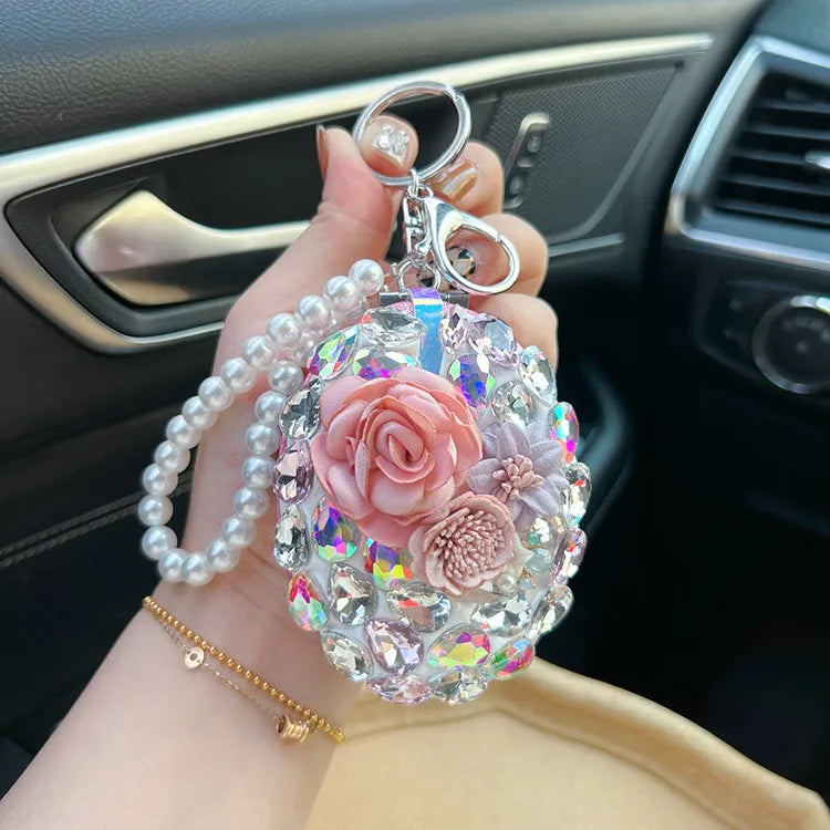 Crystal glass mirror keychain diy finished product portable makeup mirror bag pendant gift live  Yiwu