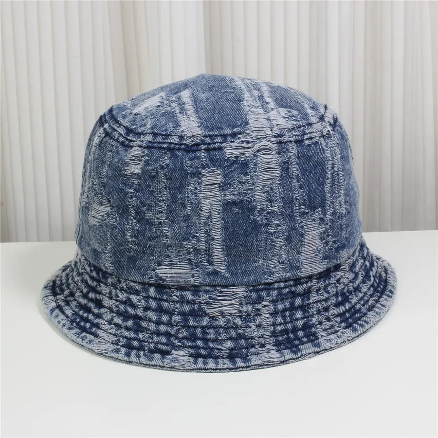 Retro New Style Denim Fishing Cap Women's Harajuku Sun Protection Bucket Hat Cuffed Tear Design Casual Versatile Streetwear