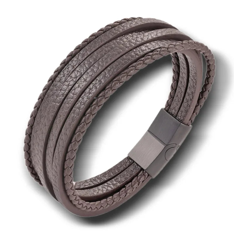 New Arrival  Pu Men's Leather Bracelet Titanium Steel Braided Bracelets in Stock Wholesale Bracelet