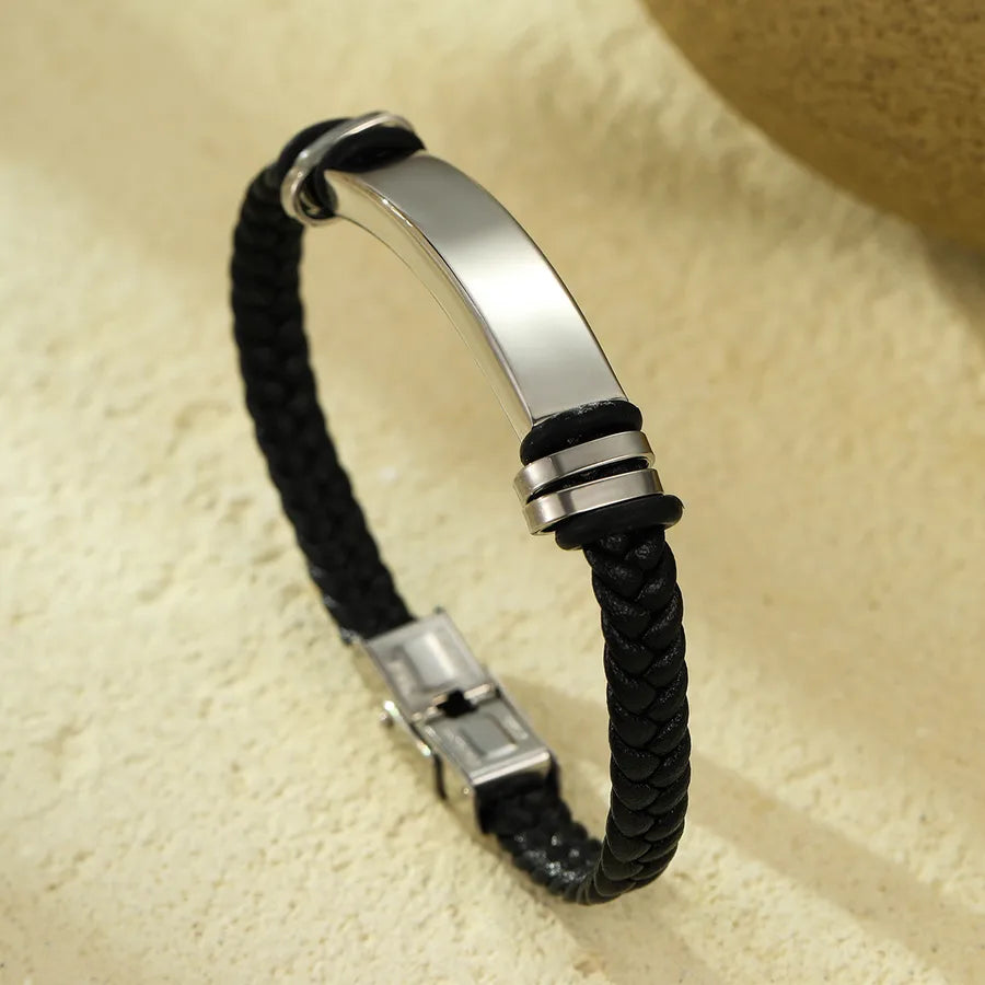 Personality Trend Stainless Steel Bracelet Curved Brand Can Carve Writing Men and Women  Hand Woven Leather Bracelet