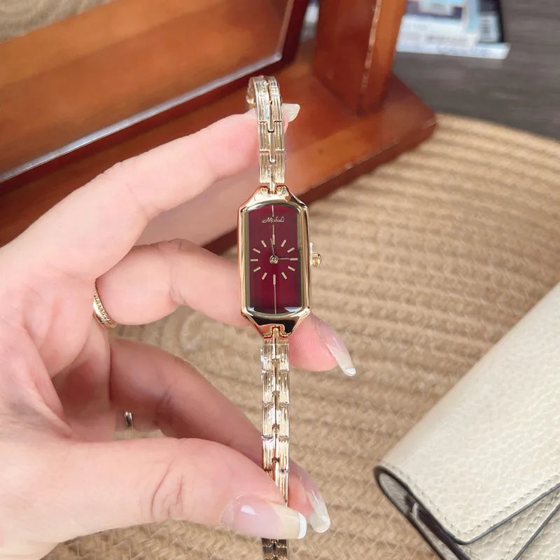 Fashionable Minimalist Retro Rectangle Stainless Steel Band Women's Watch Small Size Alloy Dial Butterfly Double Buckle Clasp