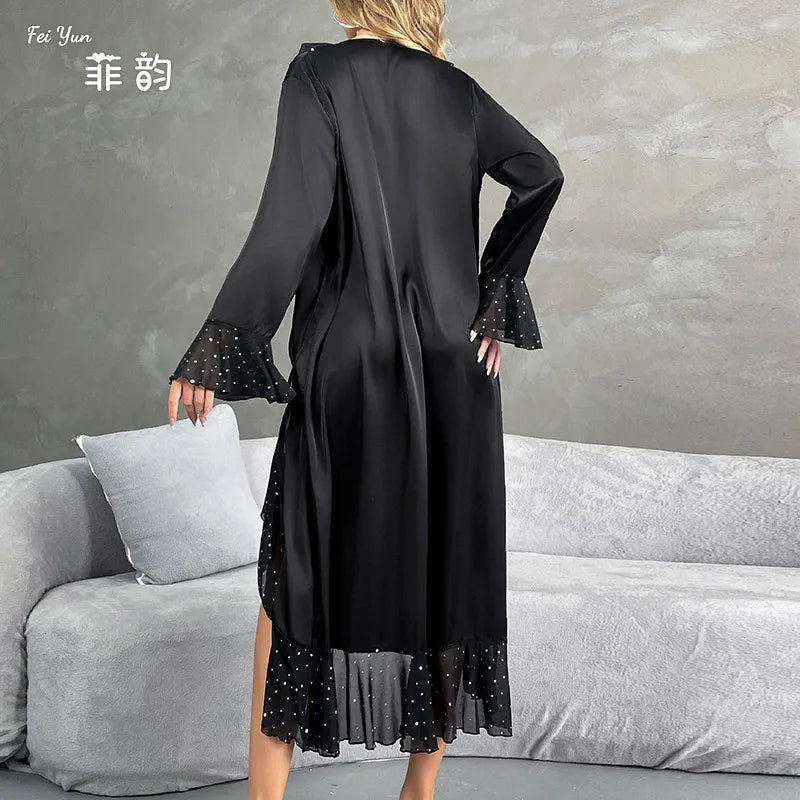 Fashionable V-Neck Long Sleeve Sequin Nightgown Women's Satin Robe Home Clothes Breathable Lightweight Polyester Silk Blend