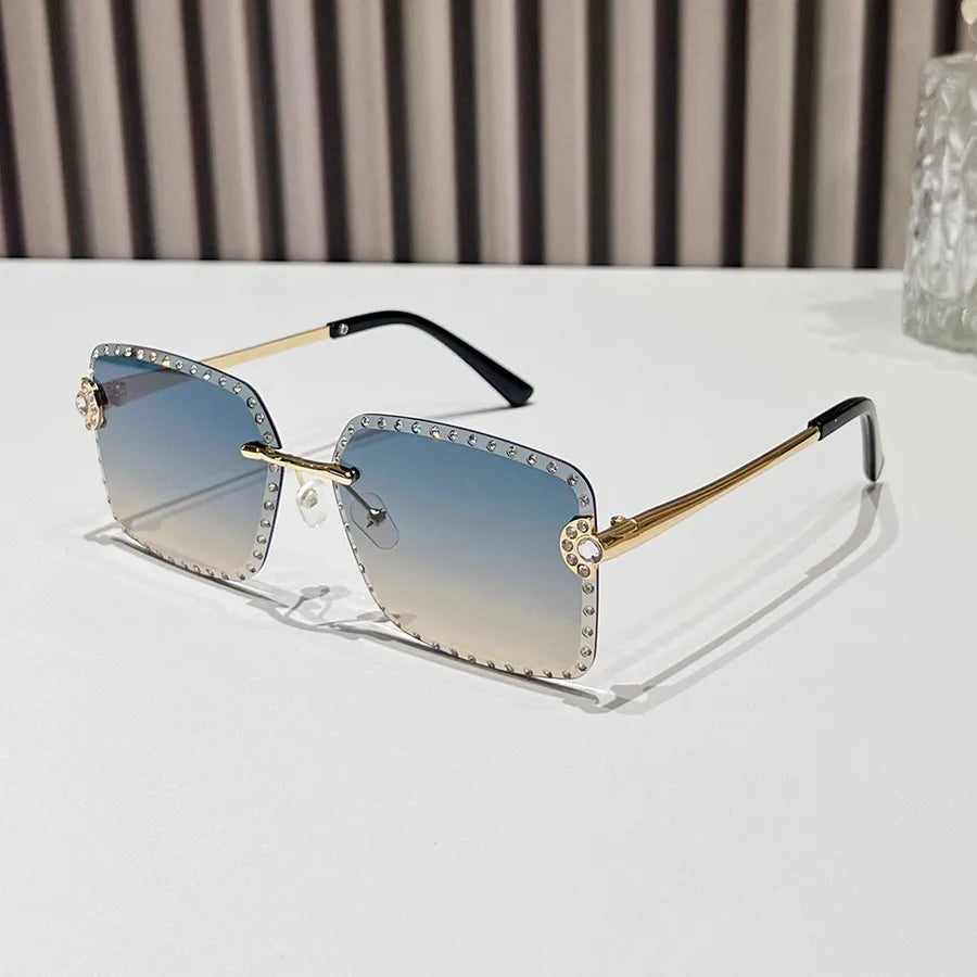 Casual Hip-Hop Color Block Pc Square Rhinestone Frameless Glasses