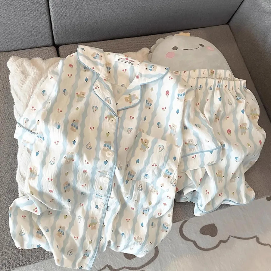 Pajamas Women's Summer Clouds Cotton  New Sweet Cute Cardigan Casual Short Sleeve Shorts Home Clothes suit