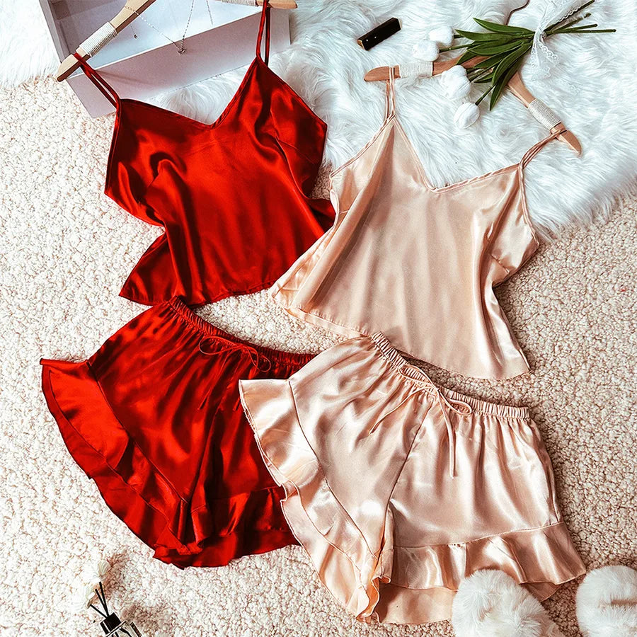 Home Women's Casual Sexy Solid Color Imitated Silk Polyester Shorts Sets Pajama Sets