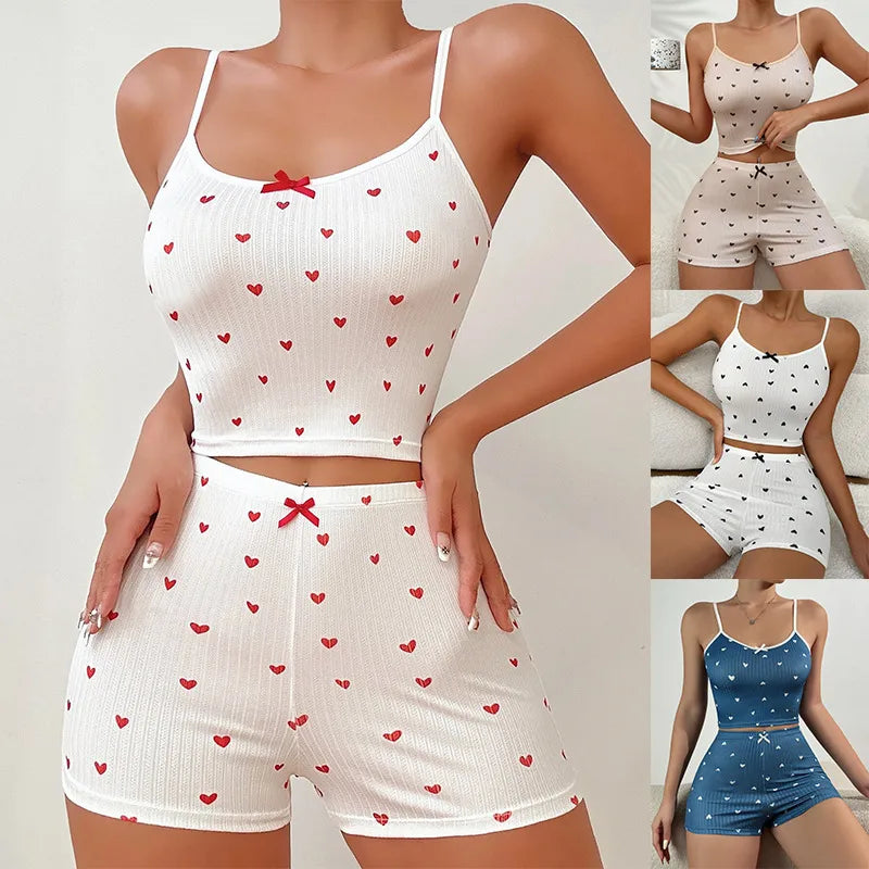 Summer New  Home Clothes Explosions New Heart-shaped Printed Bow Sling Home Casual suit Pajamas