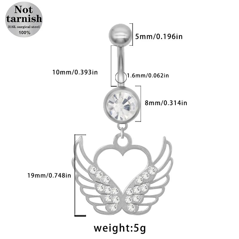1 Piece Belly Rings Classic Style Roman Style Artistic Star Heart Shape Wings 316 Stainless Steel  Alloy Hollow Out Resin Rhinestones Glass White Gold Plated Gold Plated