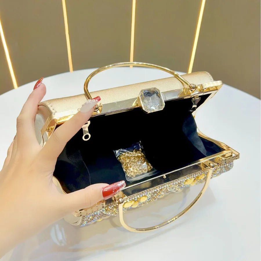 Princess Style Large Capacity Women's Handbag Evening Bag Square Shape Polyester Material Chain Lock Diamond Fashion Elements