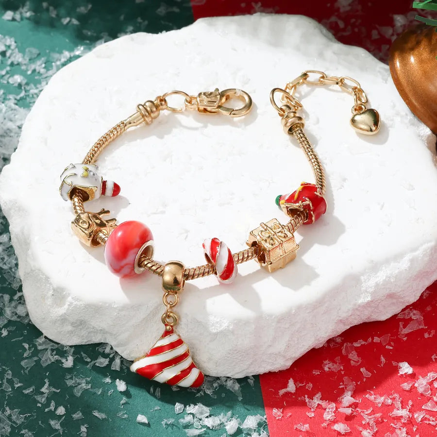 Hot-Selling Christmas Gift DIY Beaded Large Hole Beads Red Heart Snowman Apple Bell Children's Bracelet for Girls