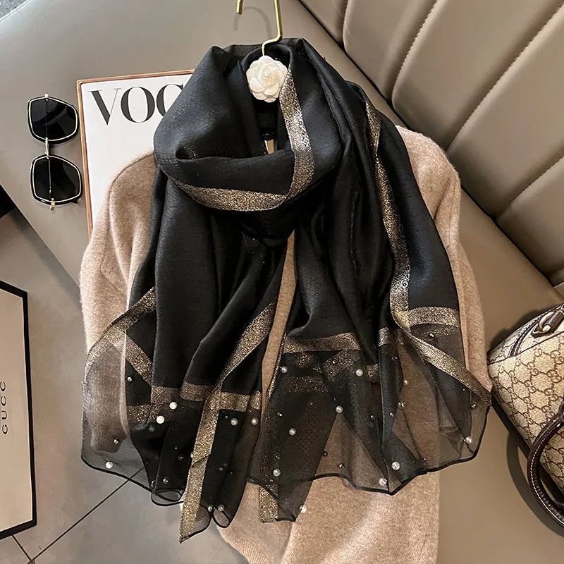 women's simple style color block satin pearl silk scarf