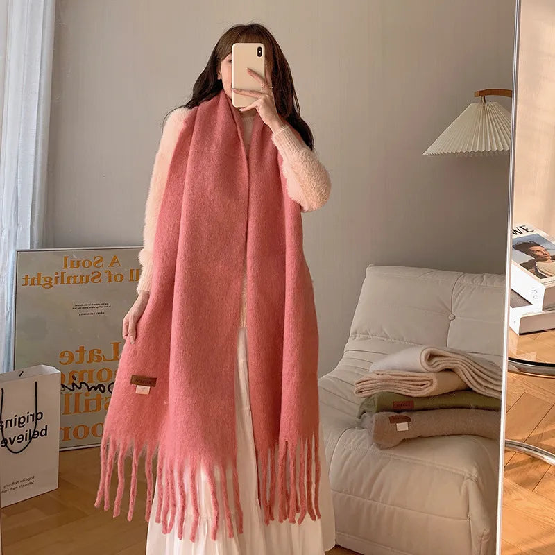 women's sweet color block polyester tassel scarf